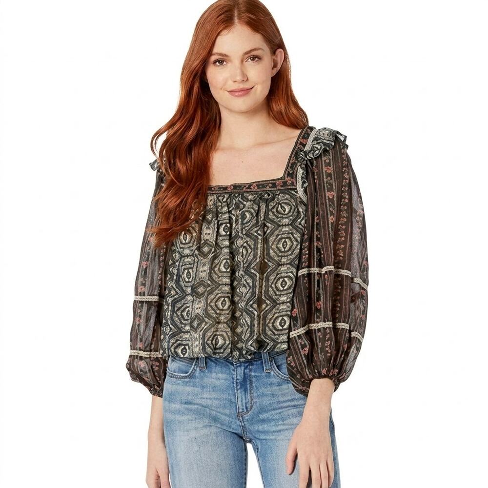Free‎ People Blouse Mostly Meadow Floral Long Balloon Sleeve Square Neck Medium
